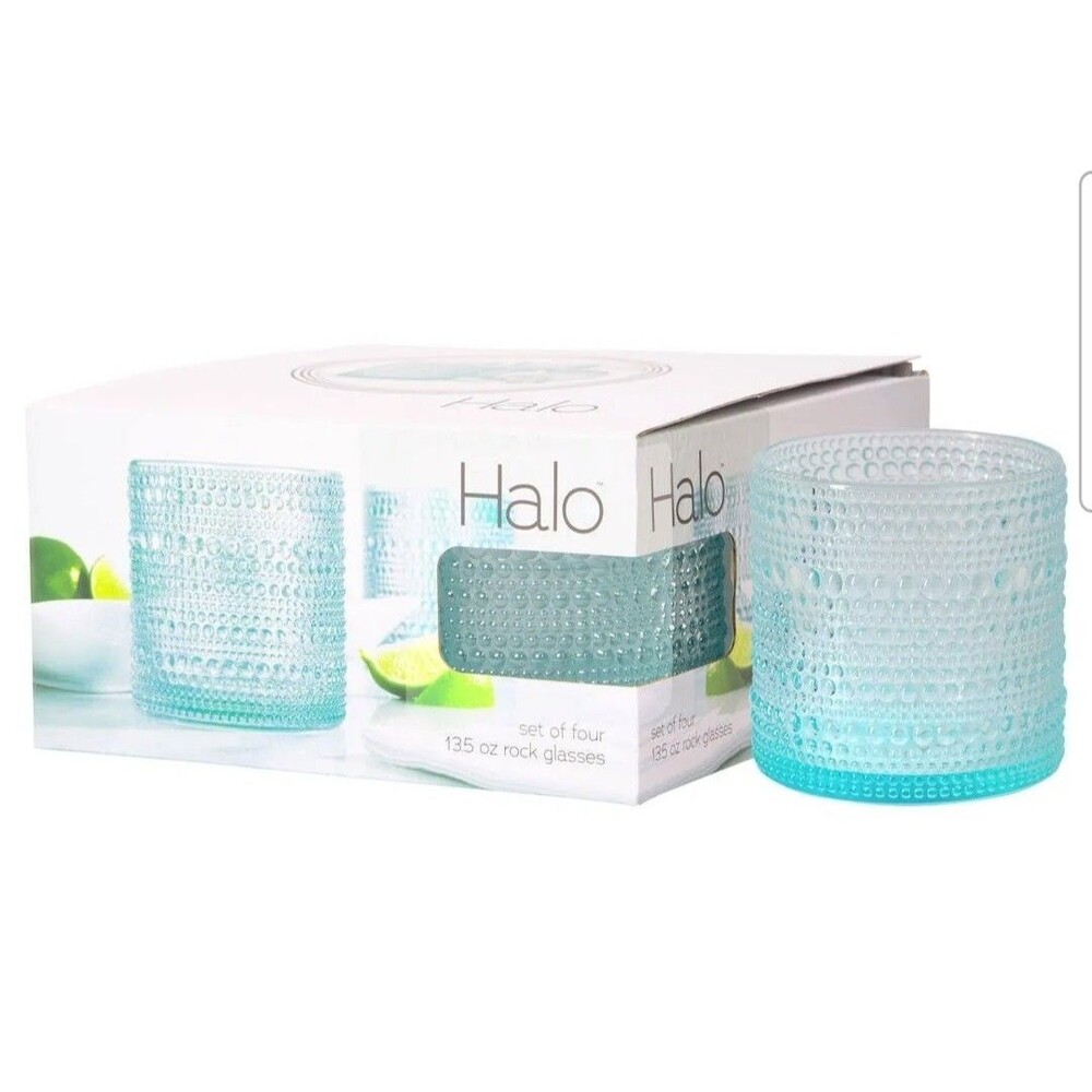 Halo Hobnail Textured Rock Glasses Set of 4 13.5 oz Aqua Blue Glass Tumblers